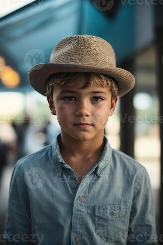 ai gegenereerd jongen in een hoed vervelend jeans foto