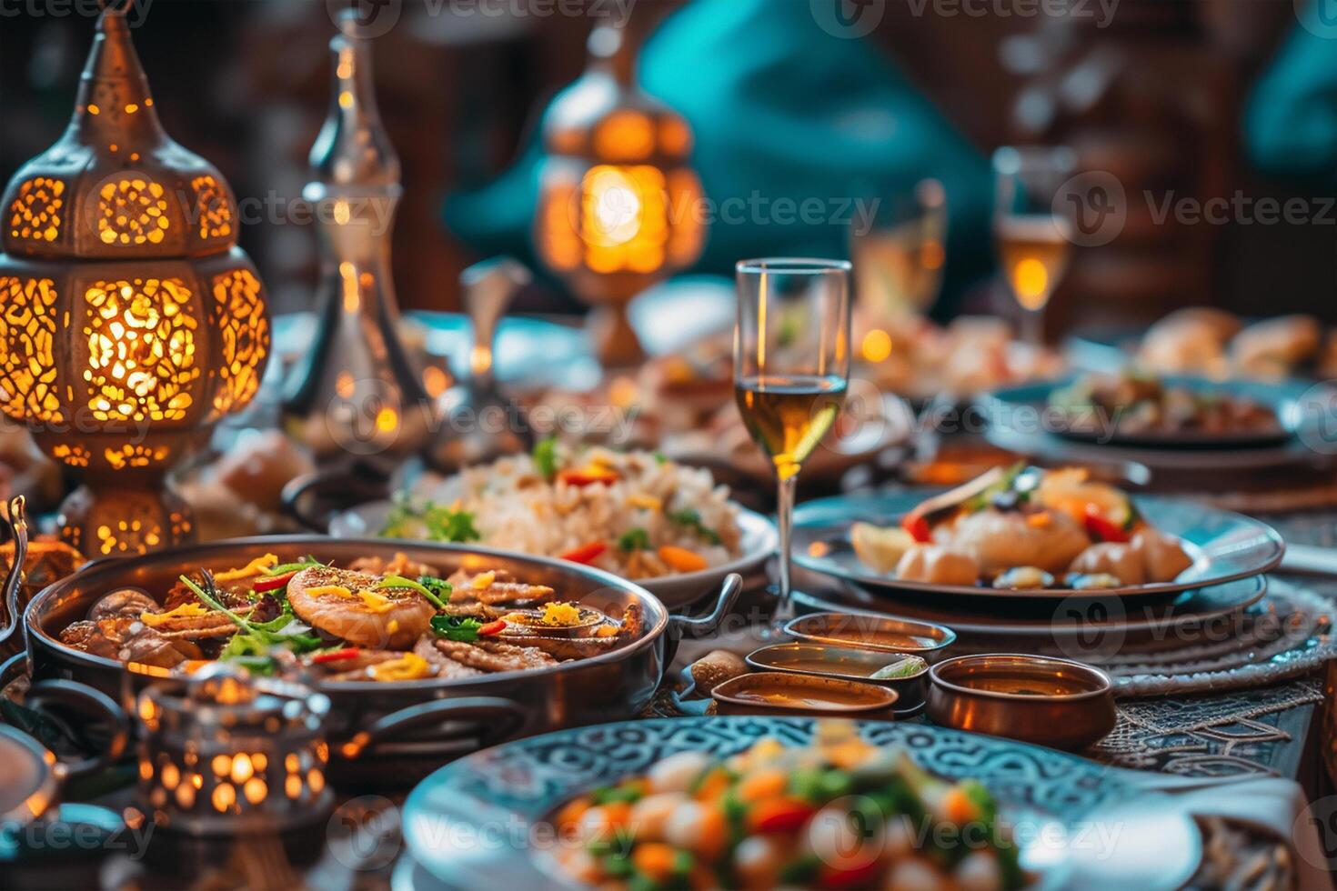 ai gegenereerd traditioneel iftar maaltijd opstelling foto