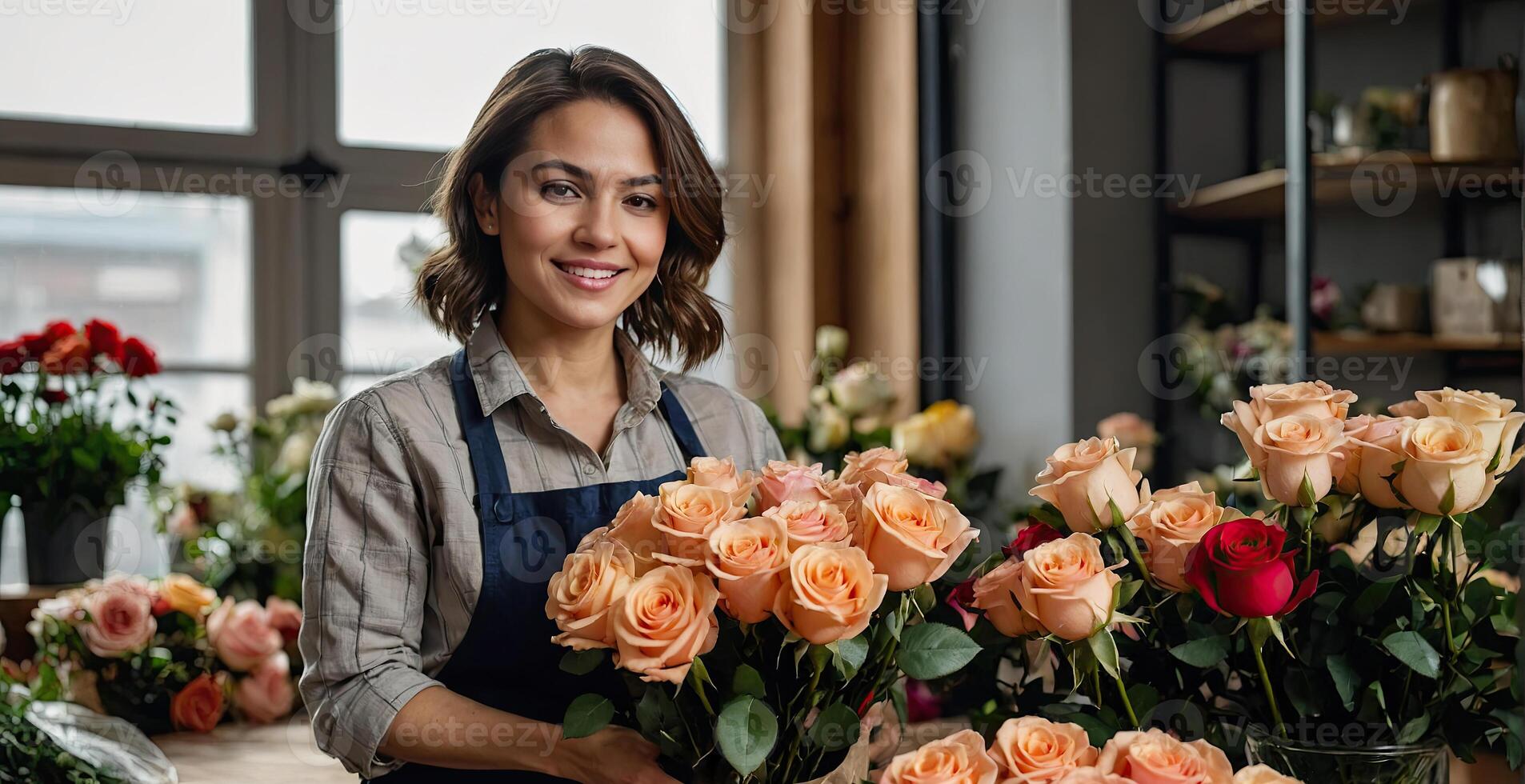 ai gegenereerd vrouw bloemist verzamelt een boeket van rozen- vers besnoeiing bloemen in dozen en vazen in bloem winkel en rekken voor uitverkoop, levering voor de vakantie. lente, maart 8, vrouwen dag, verjaardag. foto