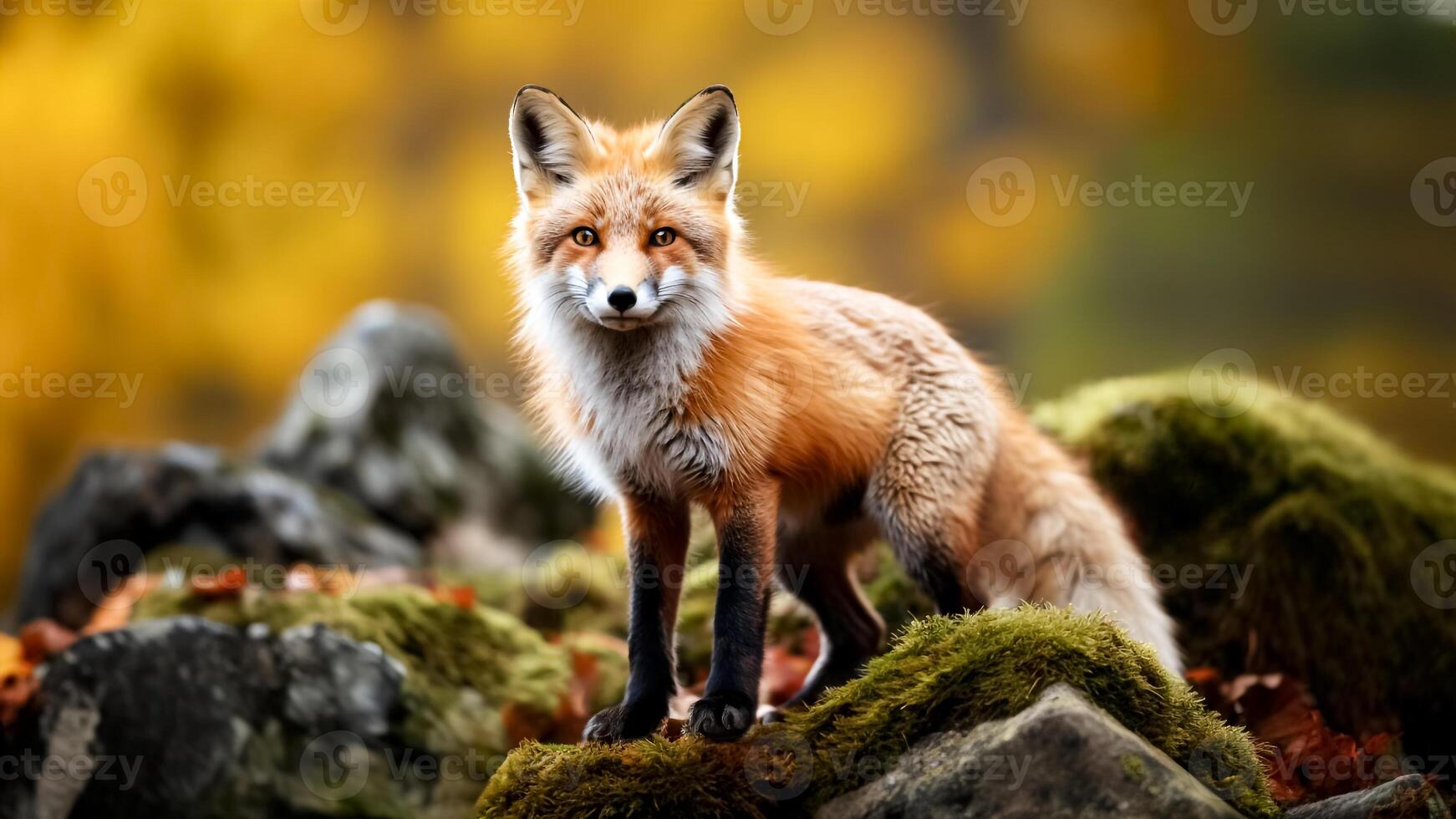 ai gegenereerd verbijsterend rood vos, vulpes vulpes, staand Aan bemost steen in Woud. Woud majesteit. een glimp in dieren in het wild. foto