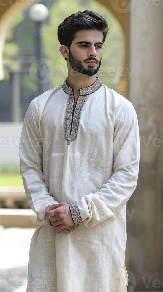 ai gegenereerd een slim Mens vervelend panjabi, eid al adha concept foto