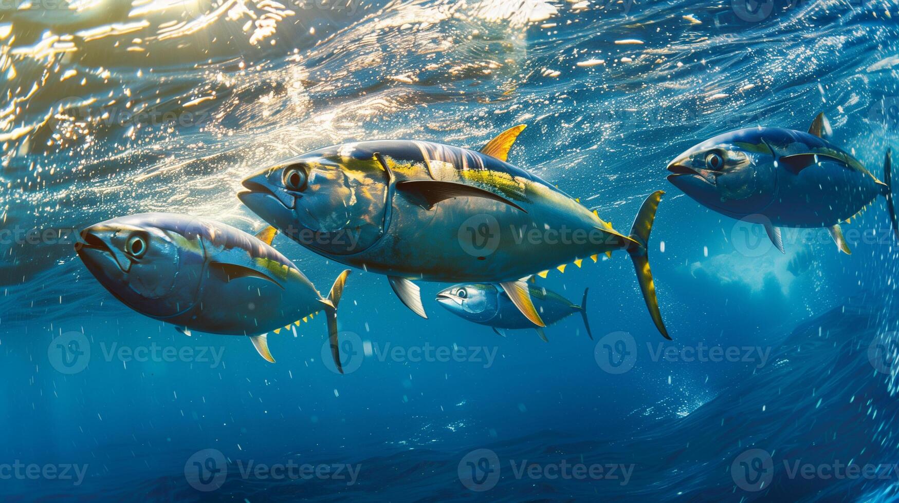 ai gegenereerd geelvintonijn tonijn Aan Doorzichtig blauw zee. dichtbij omhoog foto van madidihang vis in haar natuurlijk leefgebieden.