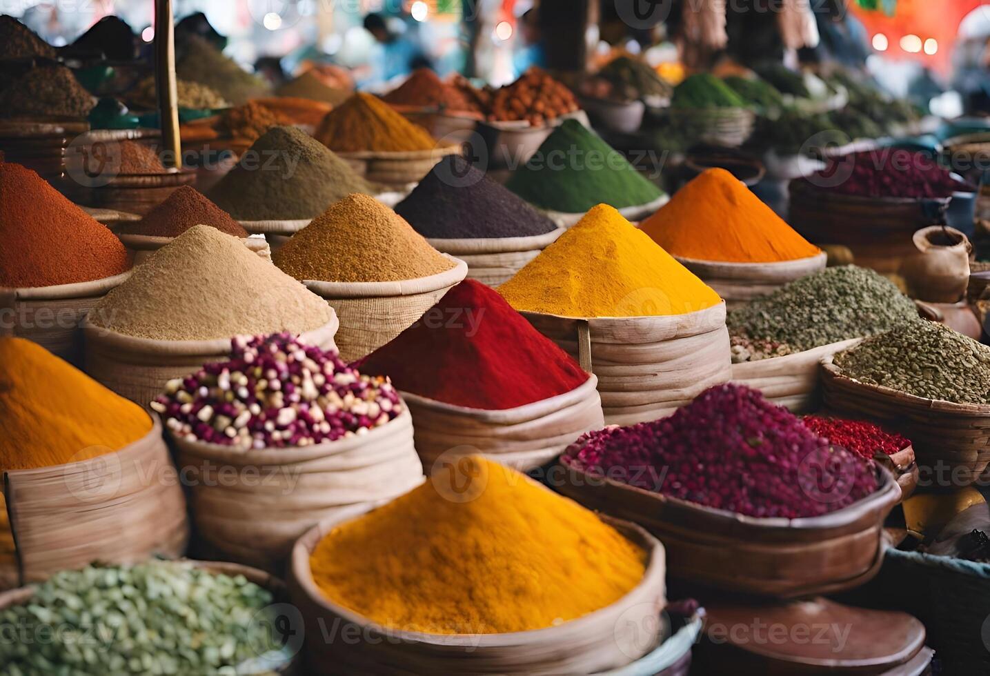 ai gegenereerd aromatisch kruid veilige haven onderzoeken de exotisch rangschikking van specerijen in een Indisch markt, waar kleurrijk kraampjes vitrine lokaal geproduceerd smaken, foto