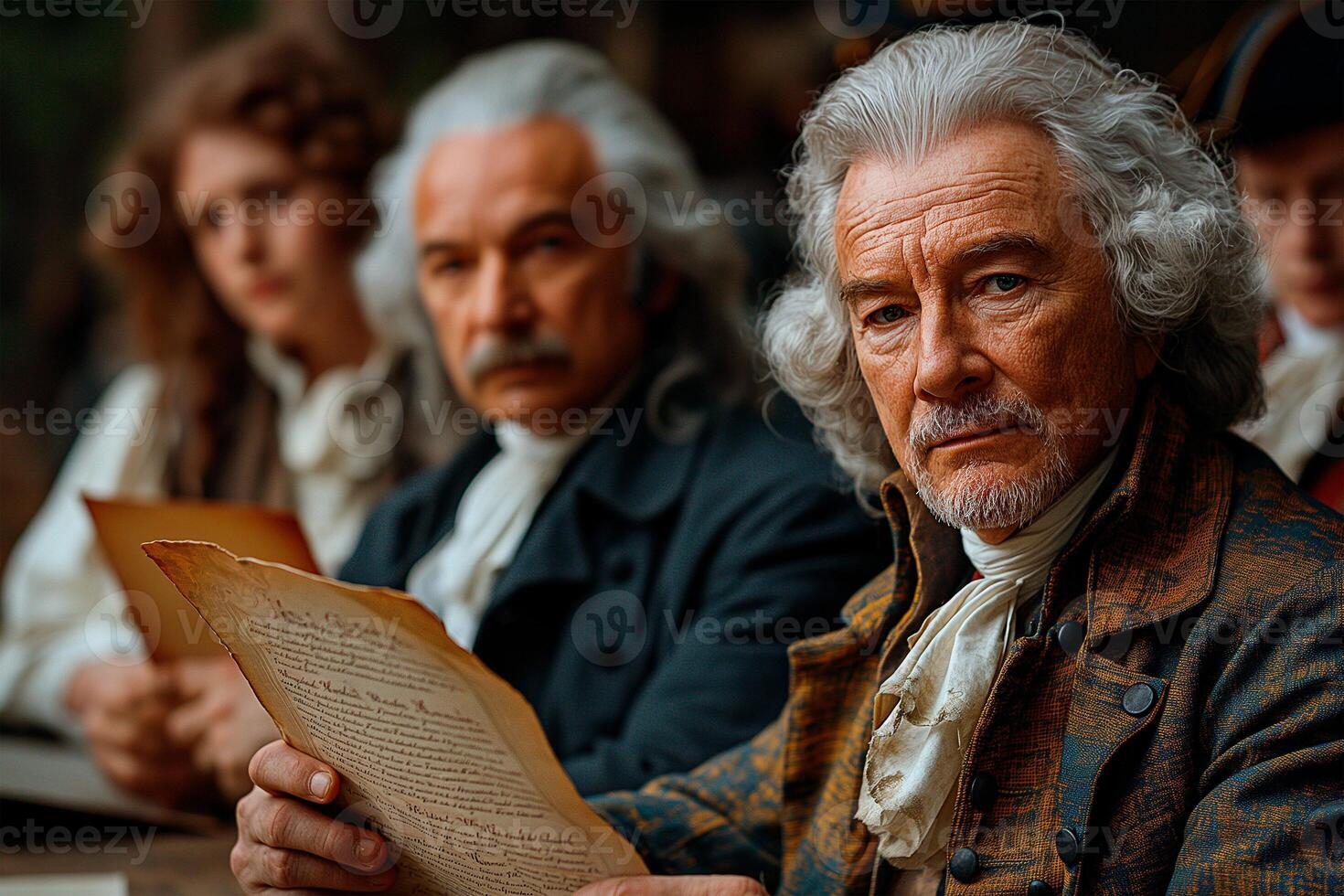 ai gegenereerd historisch re-enactment herdenken de ondertekening van de verklaring van onafhankelijkheid, met acteurs afbeelden oprichting vaders en koloniale tijdperk scènes foto