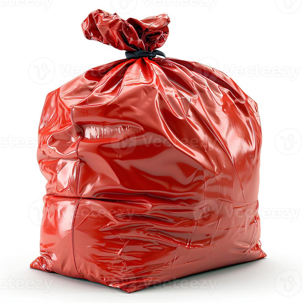 ai gegenereerd rood plastic uitschot zak geïsoleerd Aan wit achtergrond met schaduw. rood uitschot zak geïsoleerd. vuilnis zak voor bioafval foto