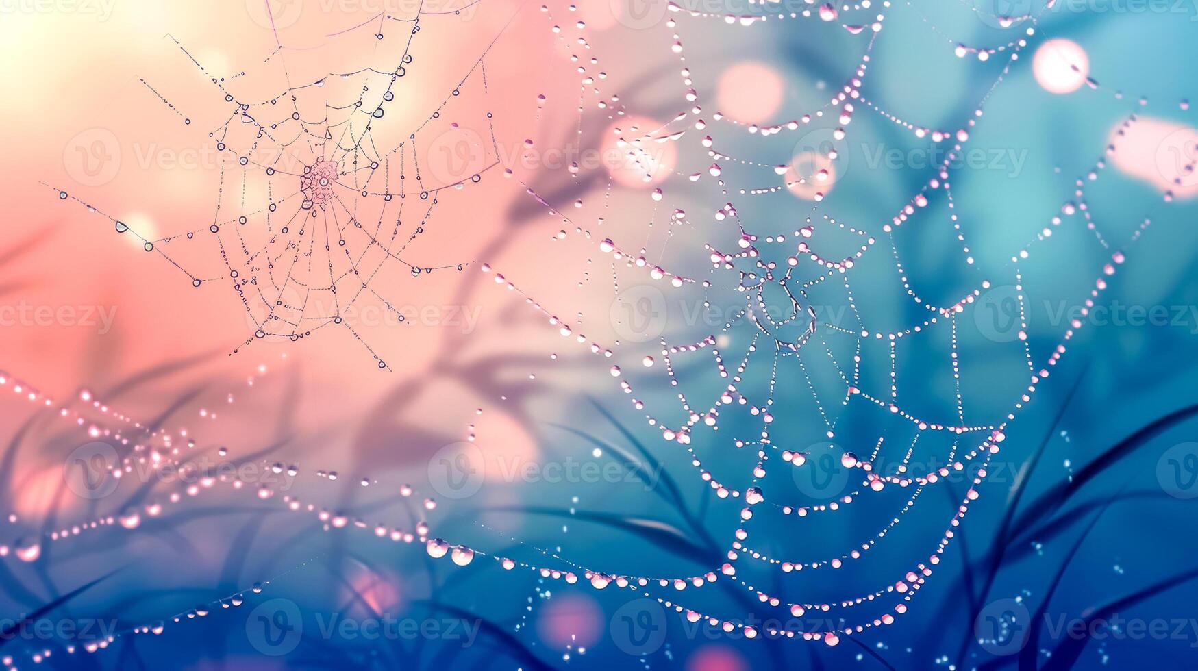 ai gegenereerd met dauw versierd spin web Bij zonsopkomst foto