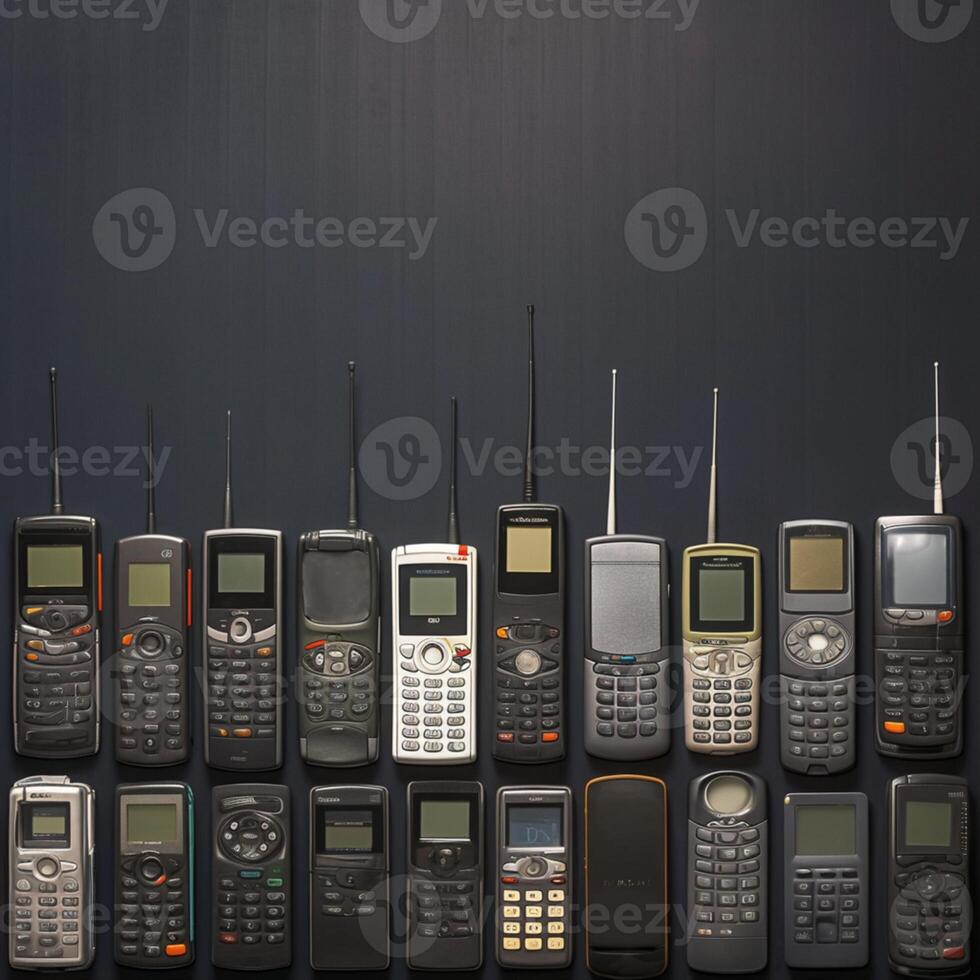 ai gegenereerd tech nostalgie oud en verouderd telefoons geregeld Aan zwart backdrop voor sociaal media post grootte foto