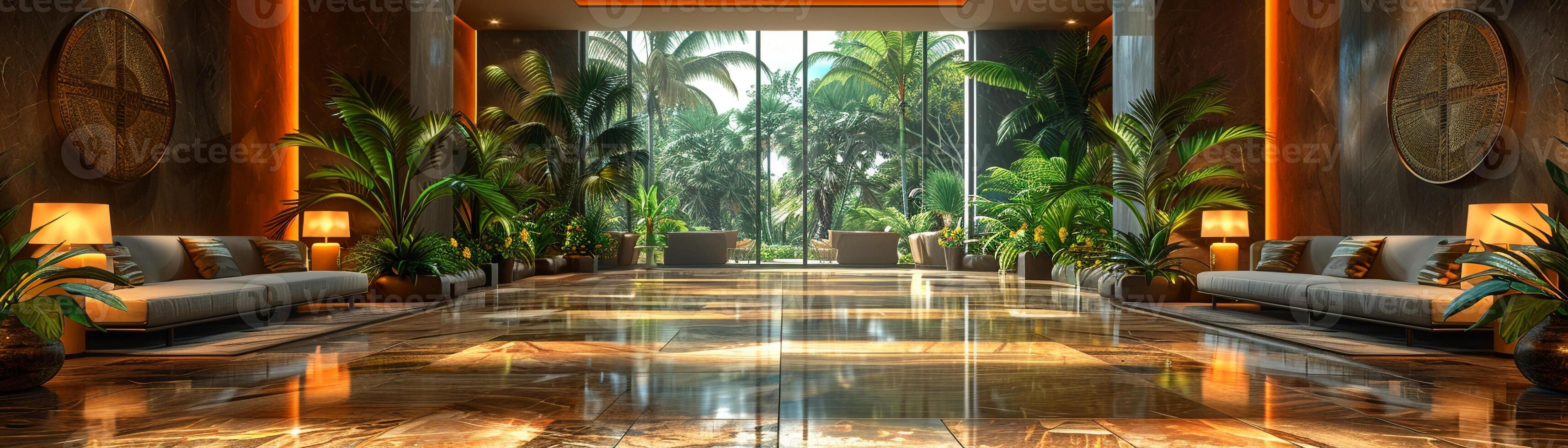 ai gegenereerd overdadig hotel lobby met marmeren vloeren weelderig planten foto