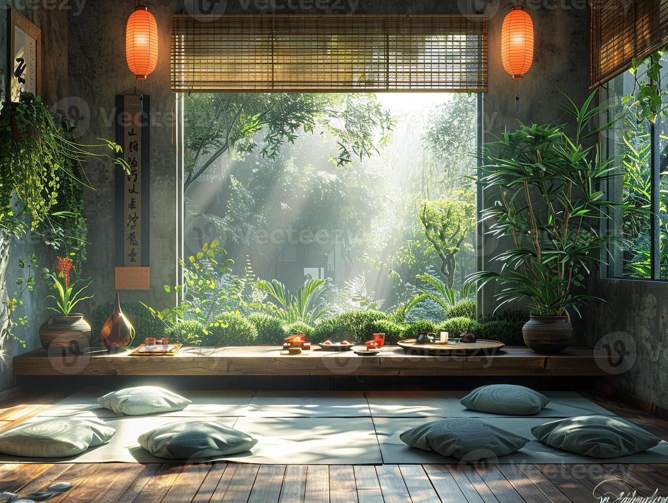 ai gegenereerd zen meditatie kamer met tatami matten een laag tafel foto