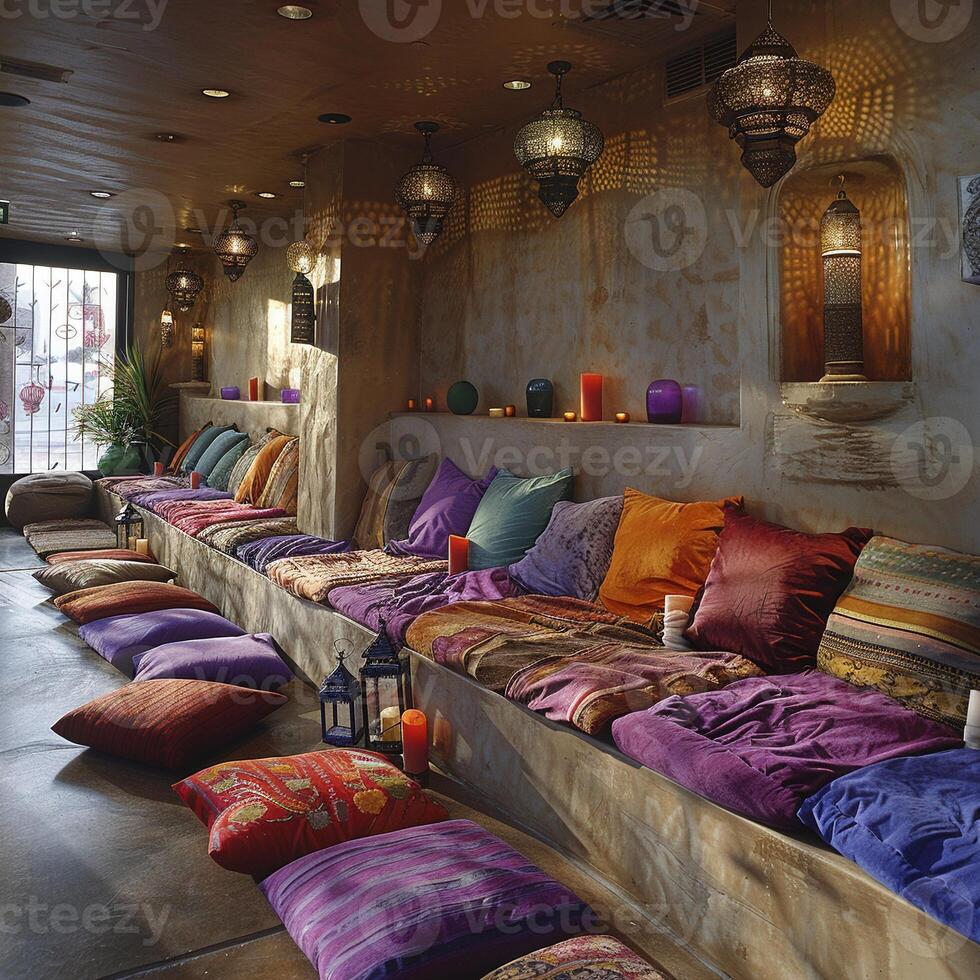 ai gegenereerd Marokkaanse stijl lounge met rijk kleuren lantaarns foto
