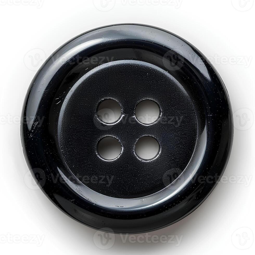 ai gegenereerd zwart plastic knop geïsoleerd Aan wit achtergrond met schaduw. zwart 4-gaats vlak knop voor naaien en ambachten foto