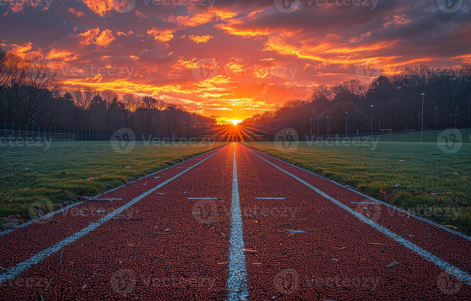 ai gegenereerd bijhouden en veld- Bij zonsondergang. een zonsondergang Aan een bijhouden Bij nitriet leeuwen Amerikaans voetbal stadion foto