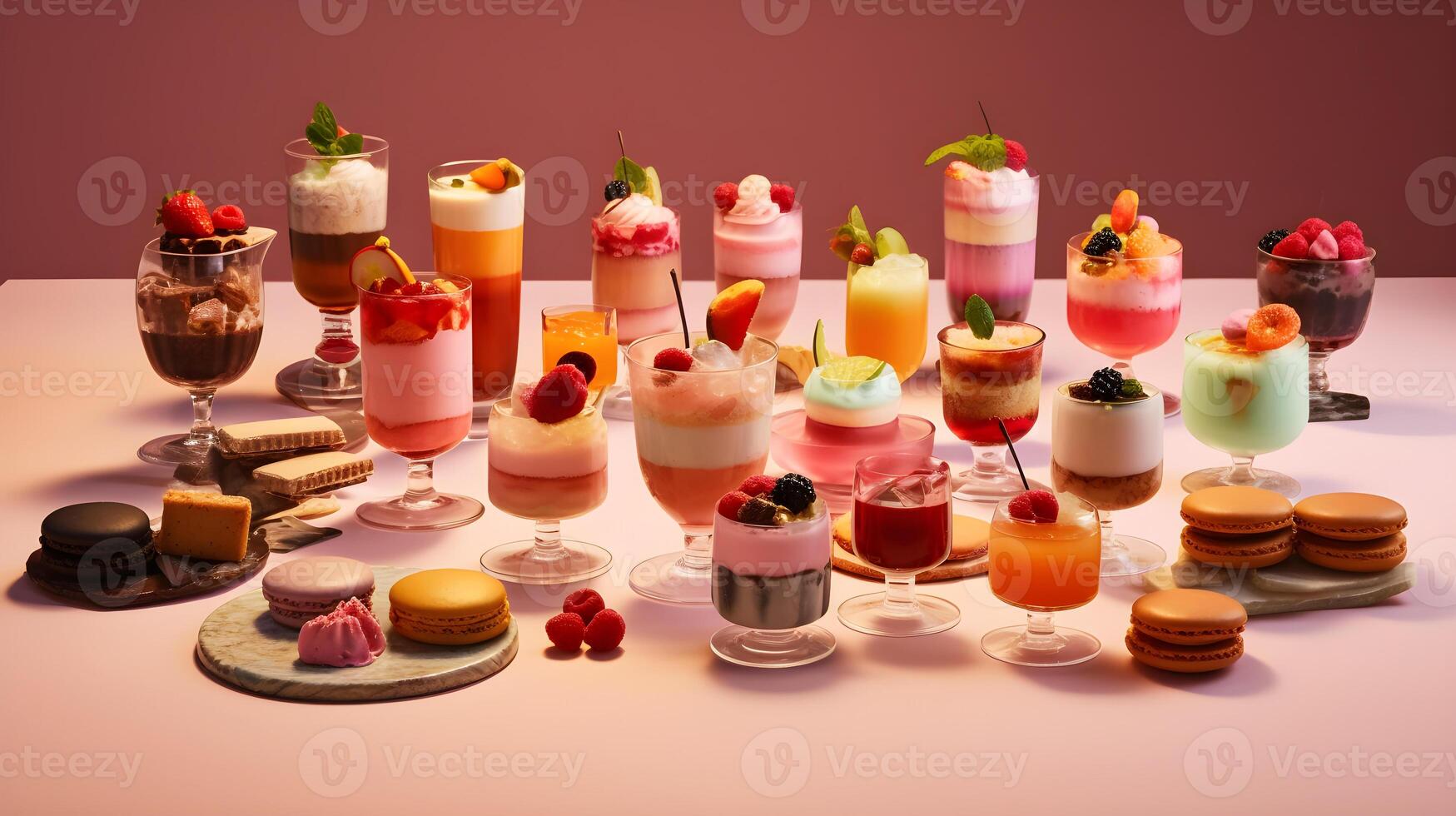 ai gegenereerd een verscheidenheid van desserts zijn geregeld Aan een tafel foto