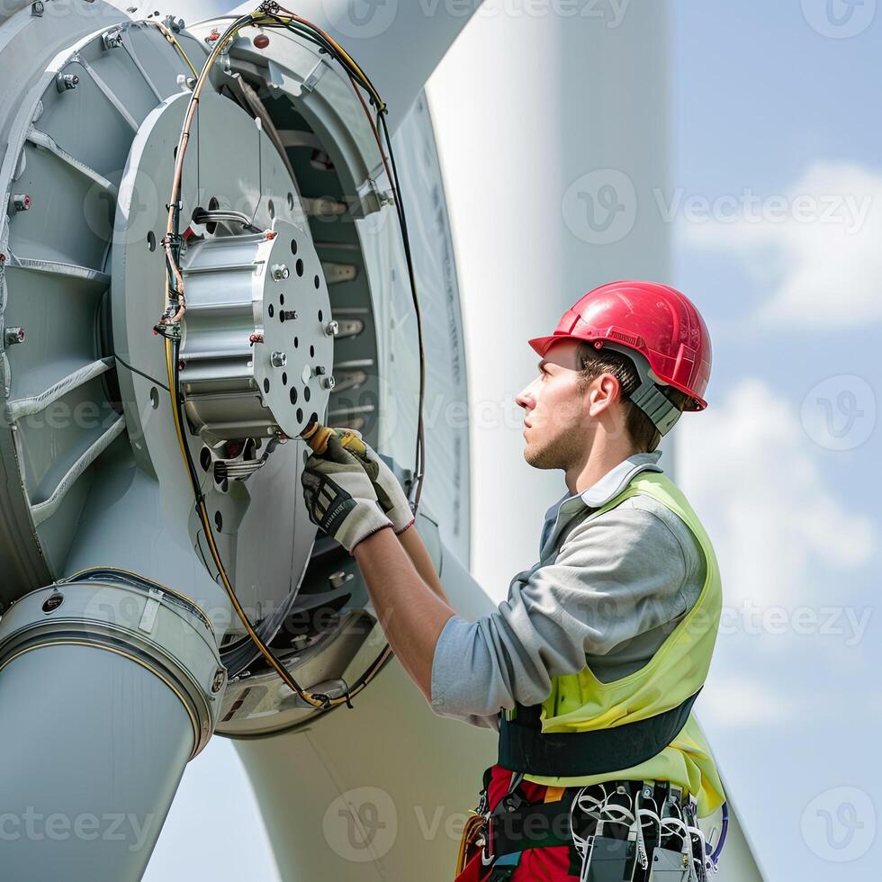 ai gegenereerd technicus is aan het doen onderhoud wind energie motor foto