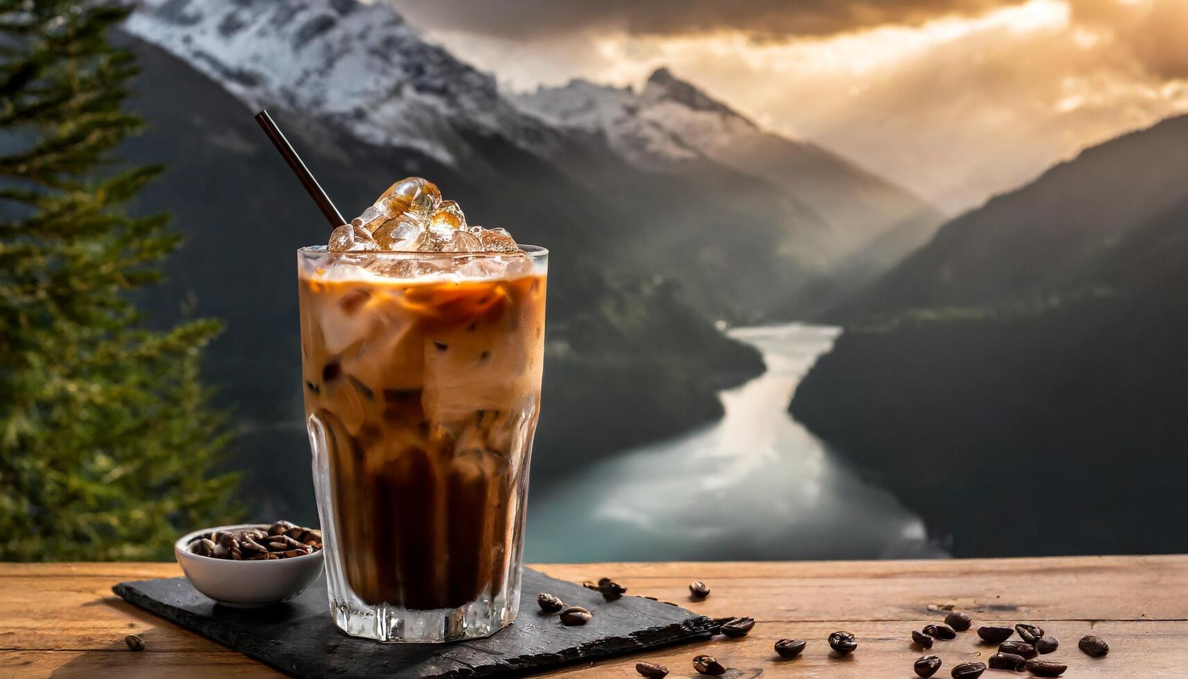 ai gegenereerd glas van bevroren koffie Aan de tafel met natuur achtergrond foto