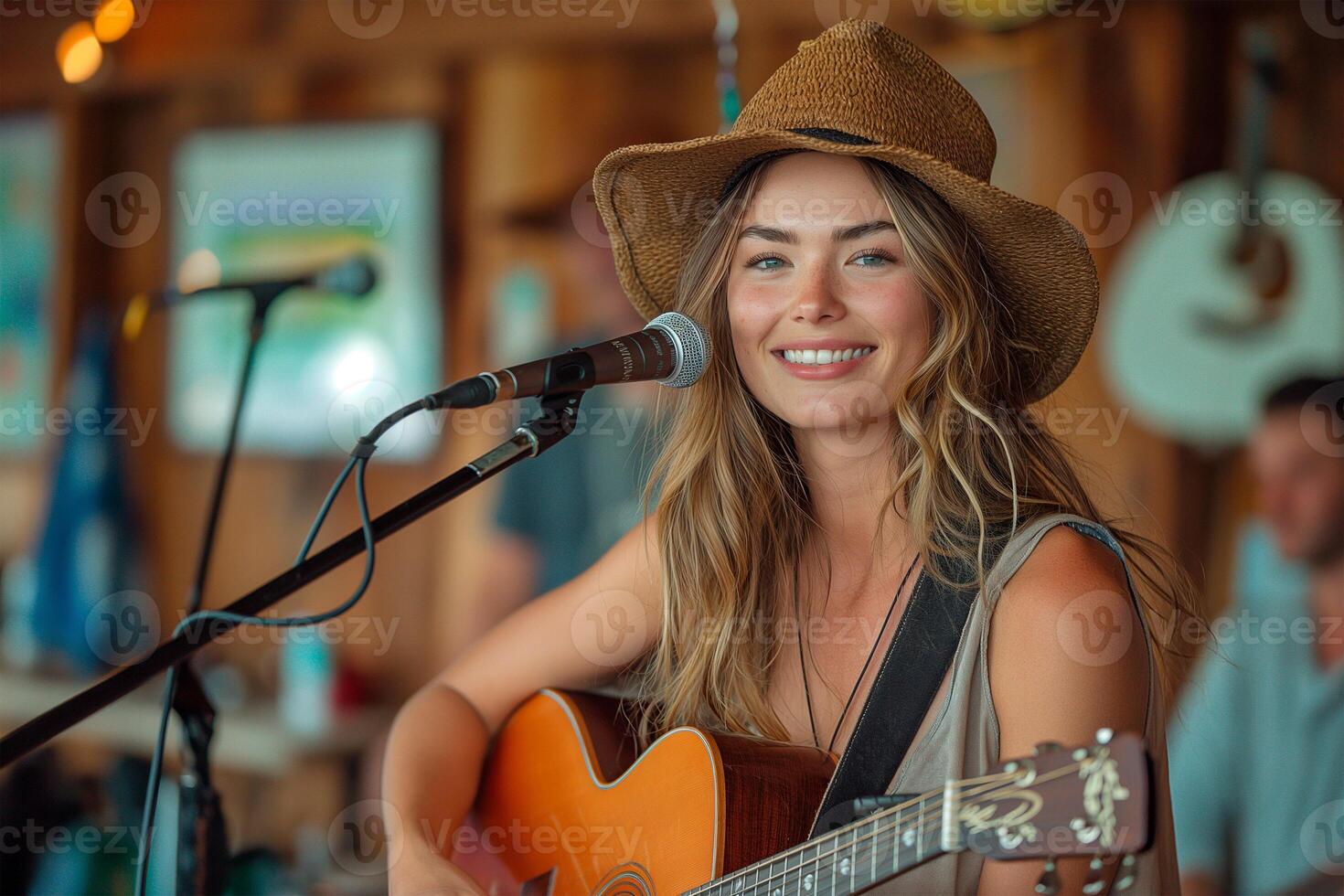 ai gegenereerd musicus in een zon hoed zingt in een microfoon terwijl spelen gitaar Bij concert foto