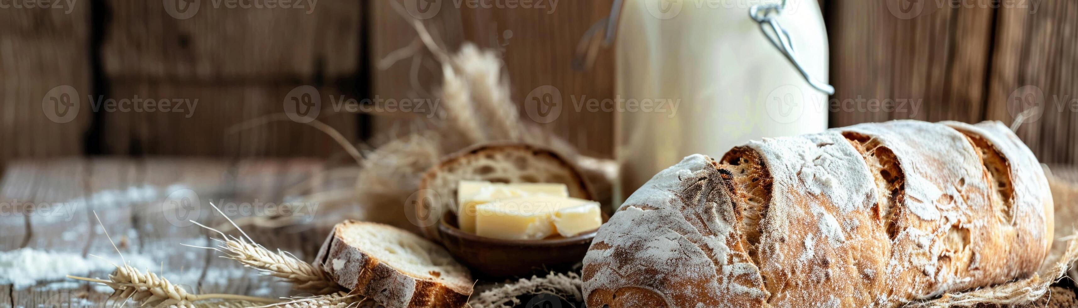 ai gegenereerd een rustiek instelling van vers beboterd brood met een glas van melk en zuivel ingrediënten foto