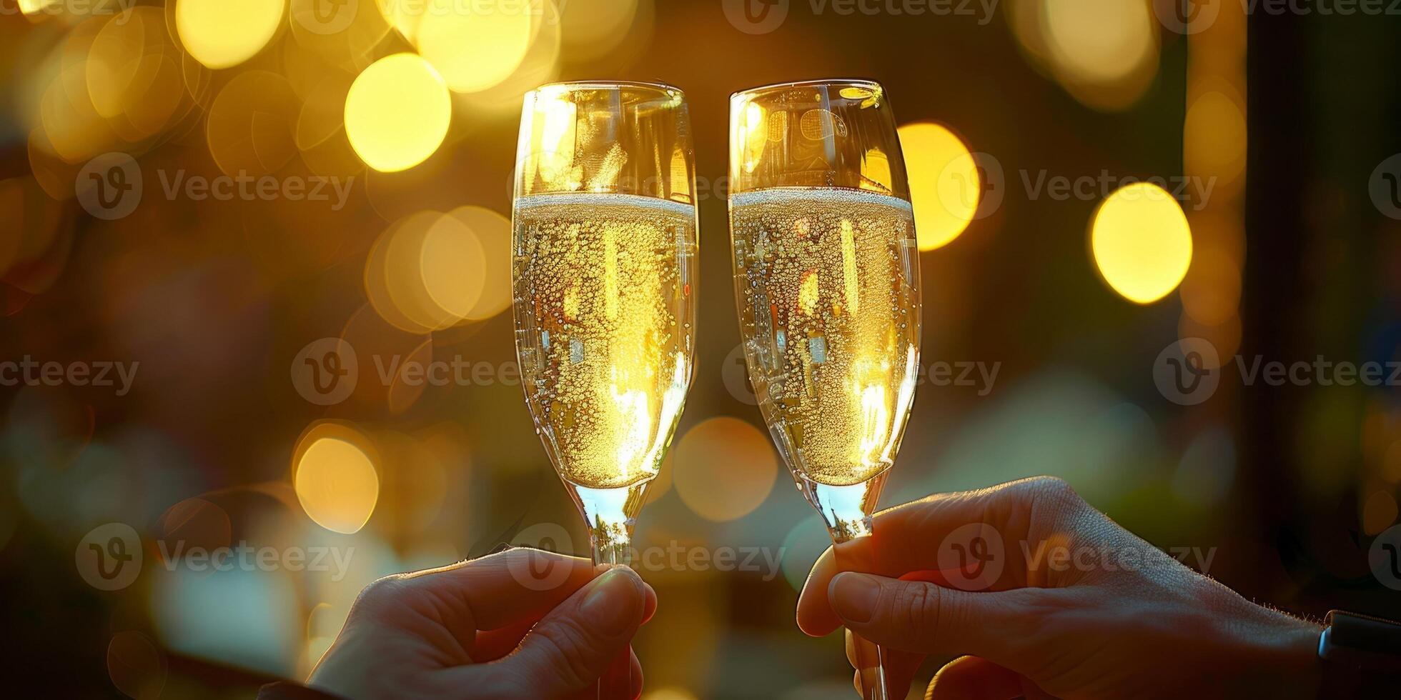 ai gegenereerd vieren nieuw jaren vooravond met Champagne geroosterd brood. feestelijk vakantie proost met sprankelend wijn bril. foto