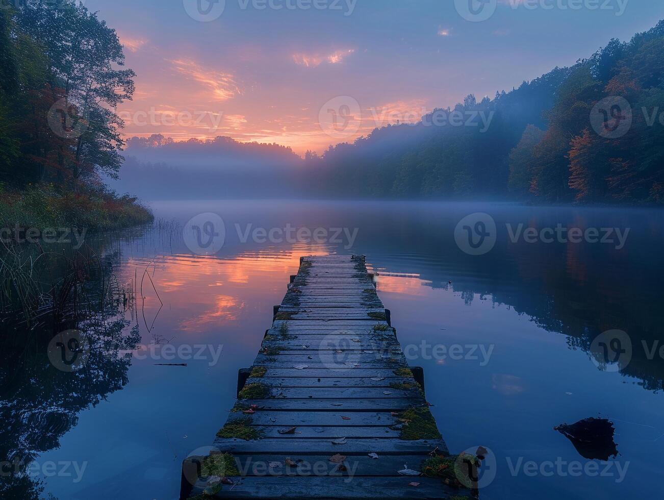 ai gegenereerd kalmte meer Bij dageraad met houten dok foto