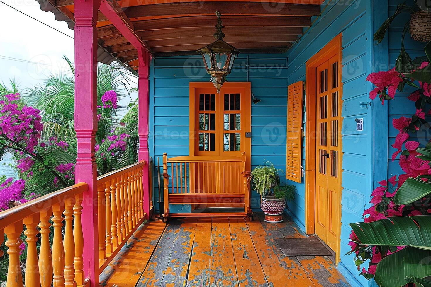 ai gegenereerd helder gekleurde caraïben huis met winderig veranda foto