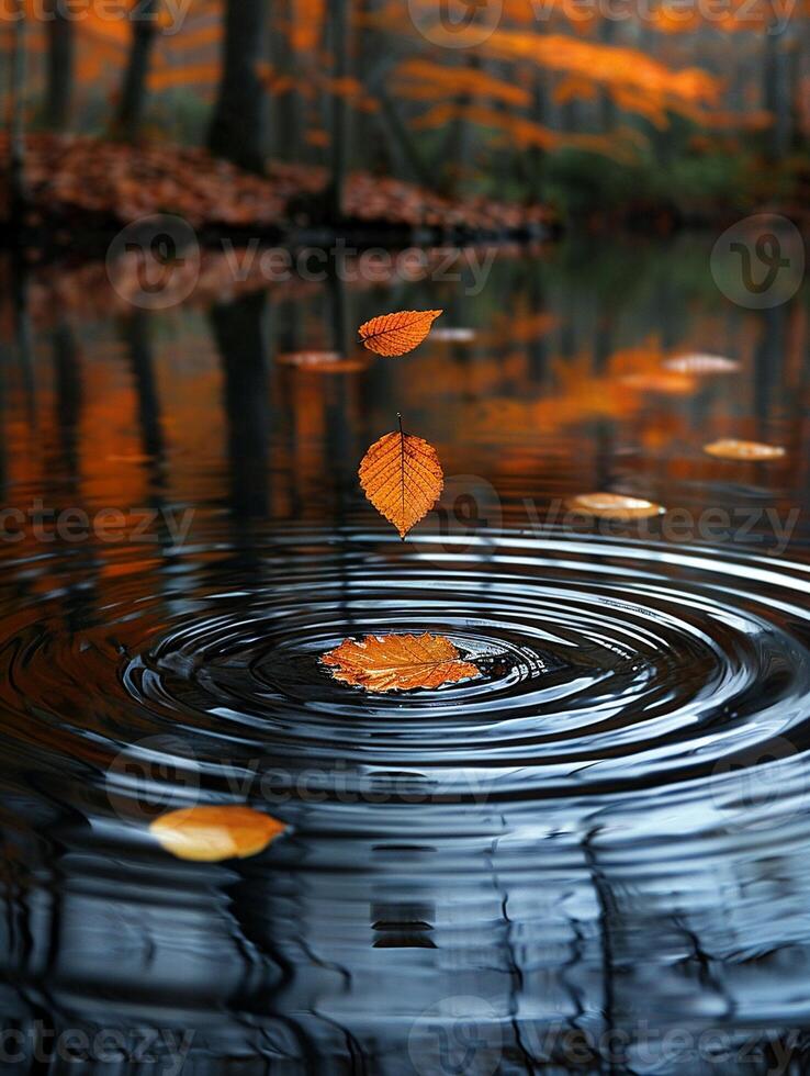 ai gegenereerd rimpelingen Aan een sereen vijver oppervlakte aangeraakt door vallend herfst bladeren foto