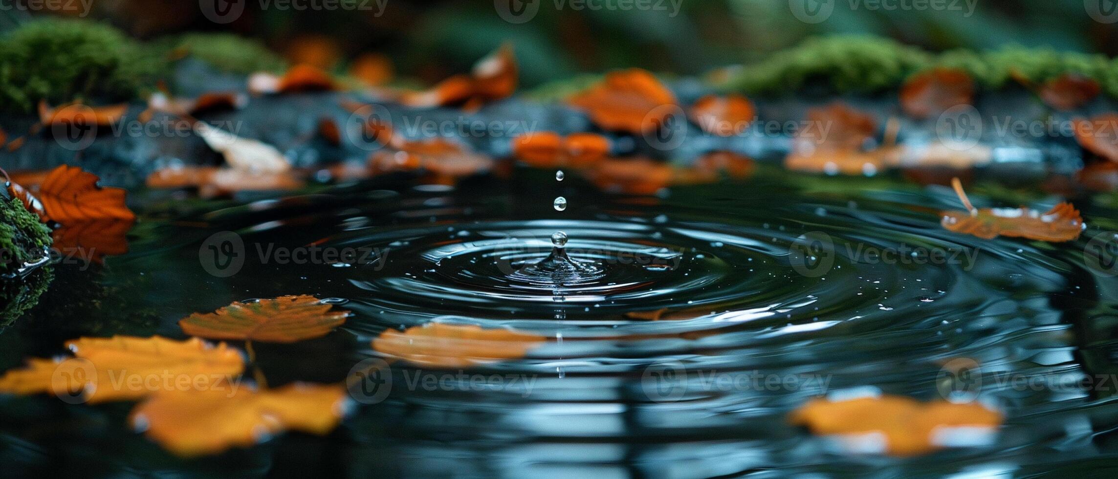 ai gegenereerd rimpelingen Aan een sereen vijver oppervlakte aangeraakt door vallend herfst bladeren foto