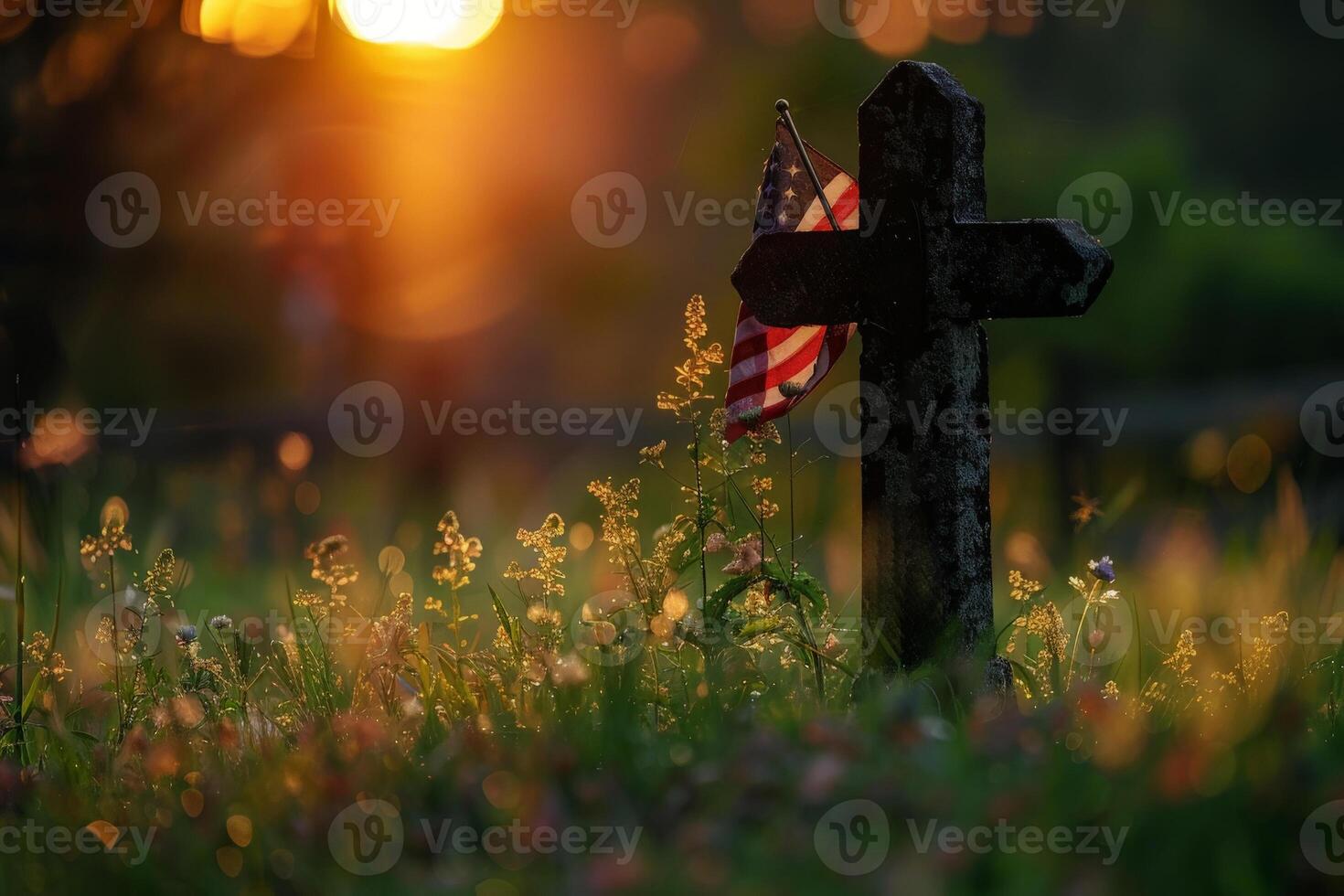 ai gegenereerd houten kruis Aan top van een berg Bij zonsondergang, ,geheugen dag concept. generatief ai foto