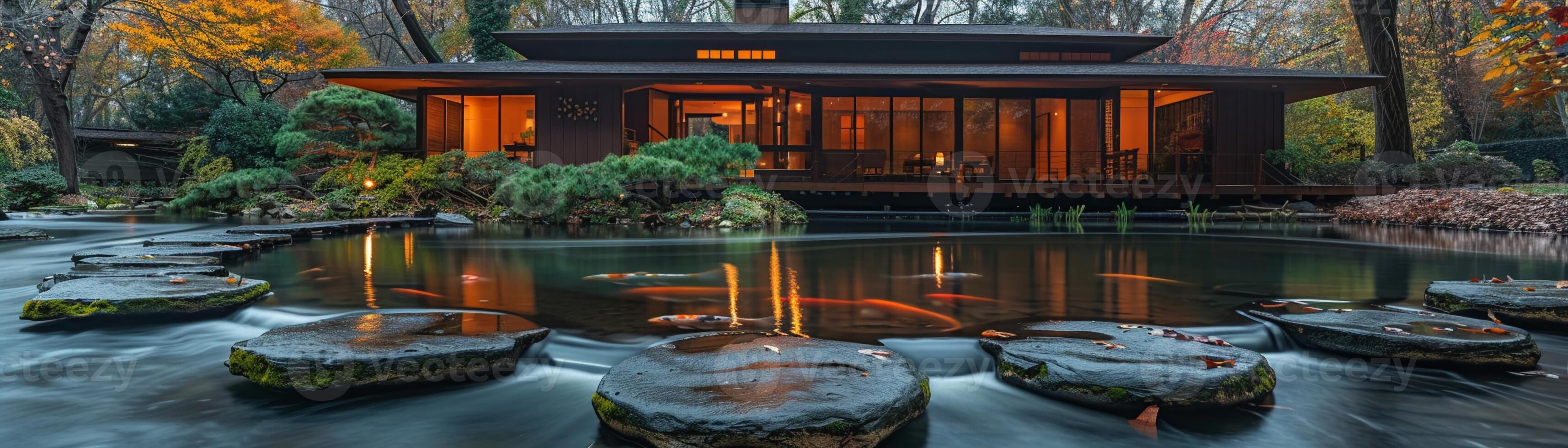 ai gegenereerd rustig Japans koi vijver tuin met stepping stenen en traditioneel thee huis. foto