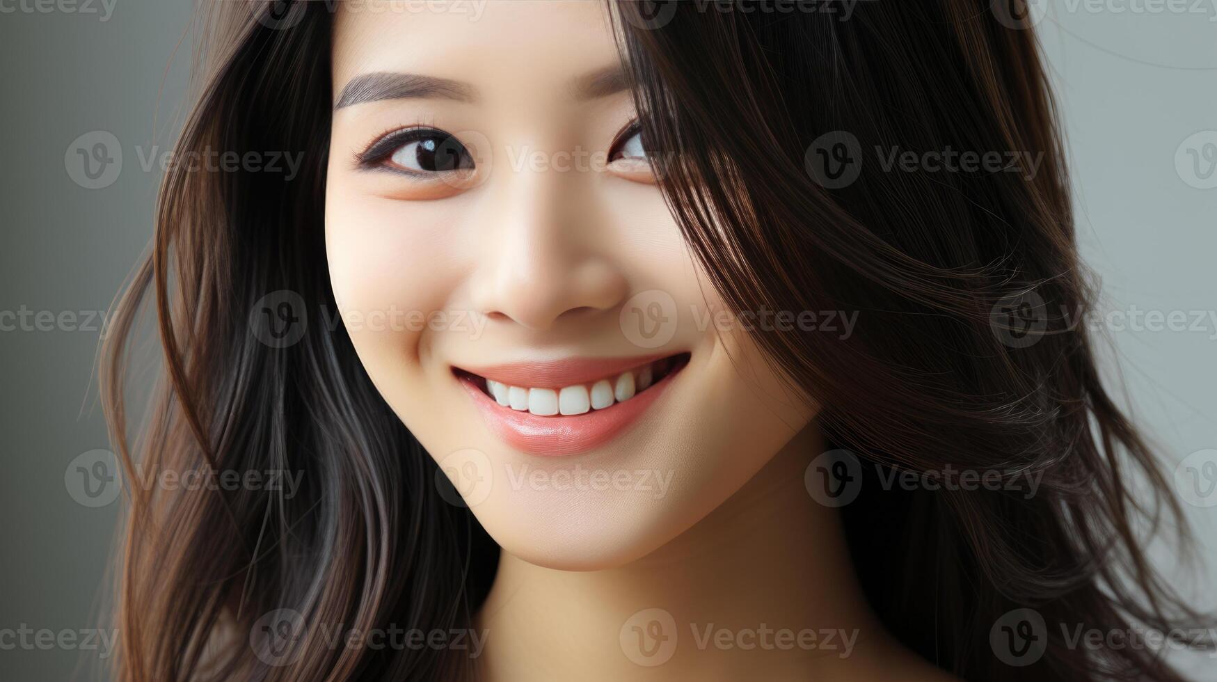 ai gegenereerd dichtbij omhoog van jong vrouw glimlachen met perfect wit tanden foto