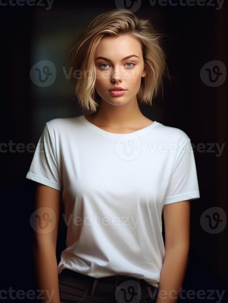 ai gegenereerd mooi jong vrouw in blanco wit t-shirt. foto