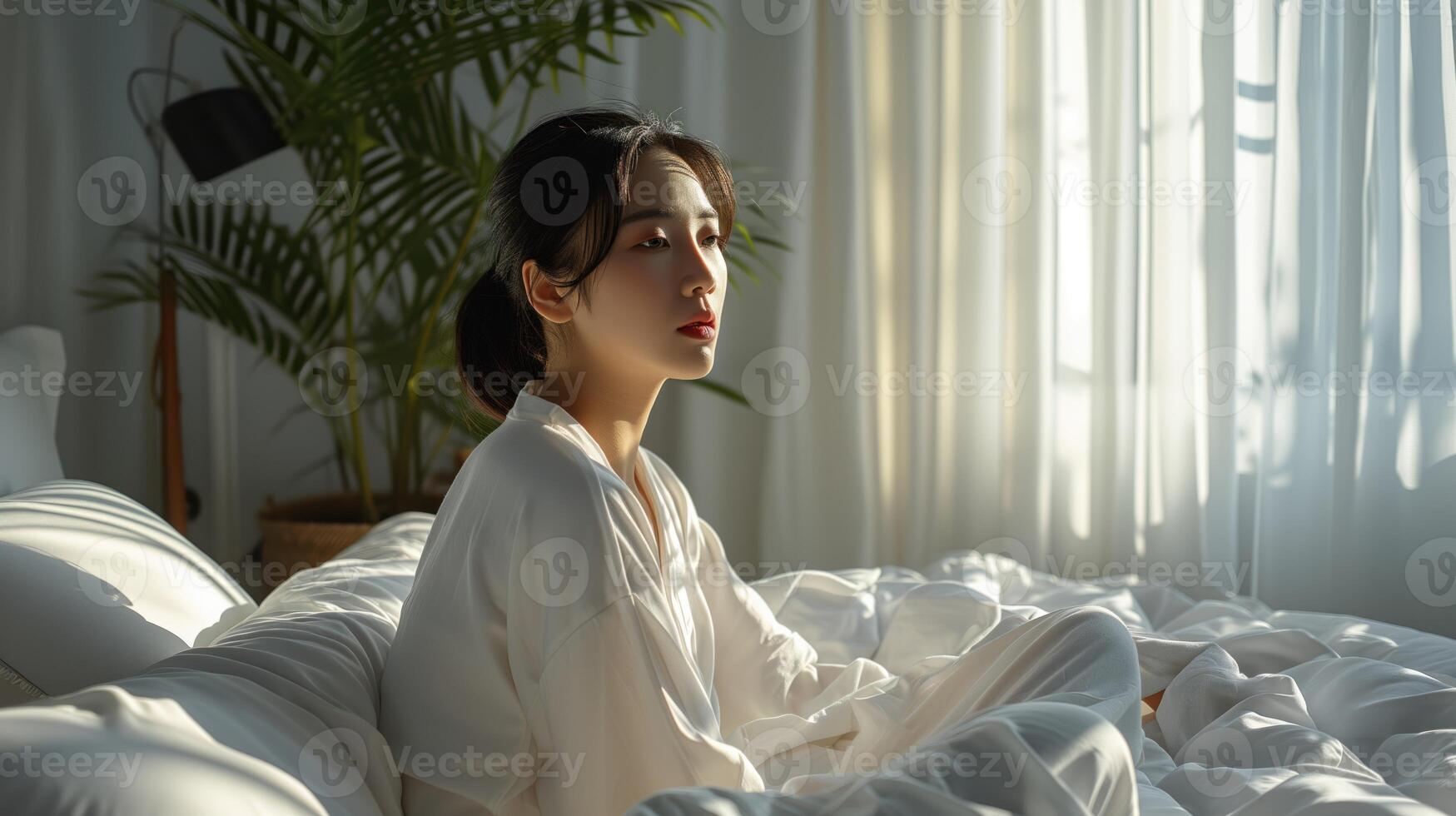 ai gegenereerd mooi jong Aziatisch vrouw wakker worden omhoog in de ochtend- met zonlicht foto