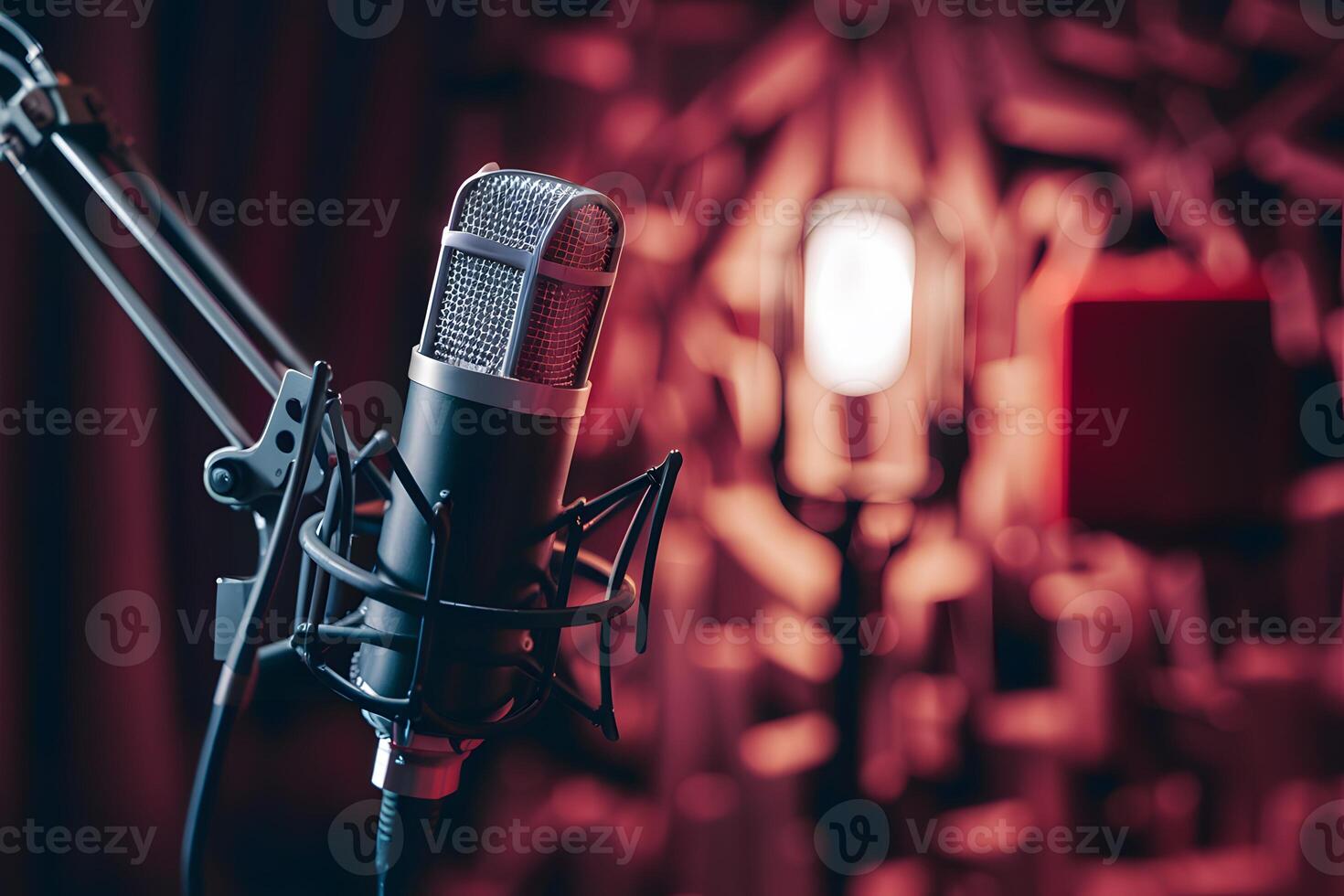 ai gegenereerd img studio podcast microfoon in kamer achtergrond, professioneel audio uitrusting foto
