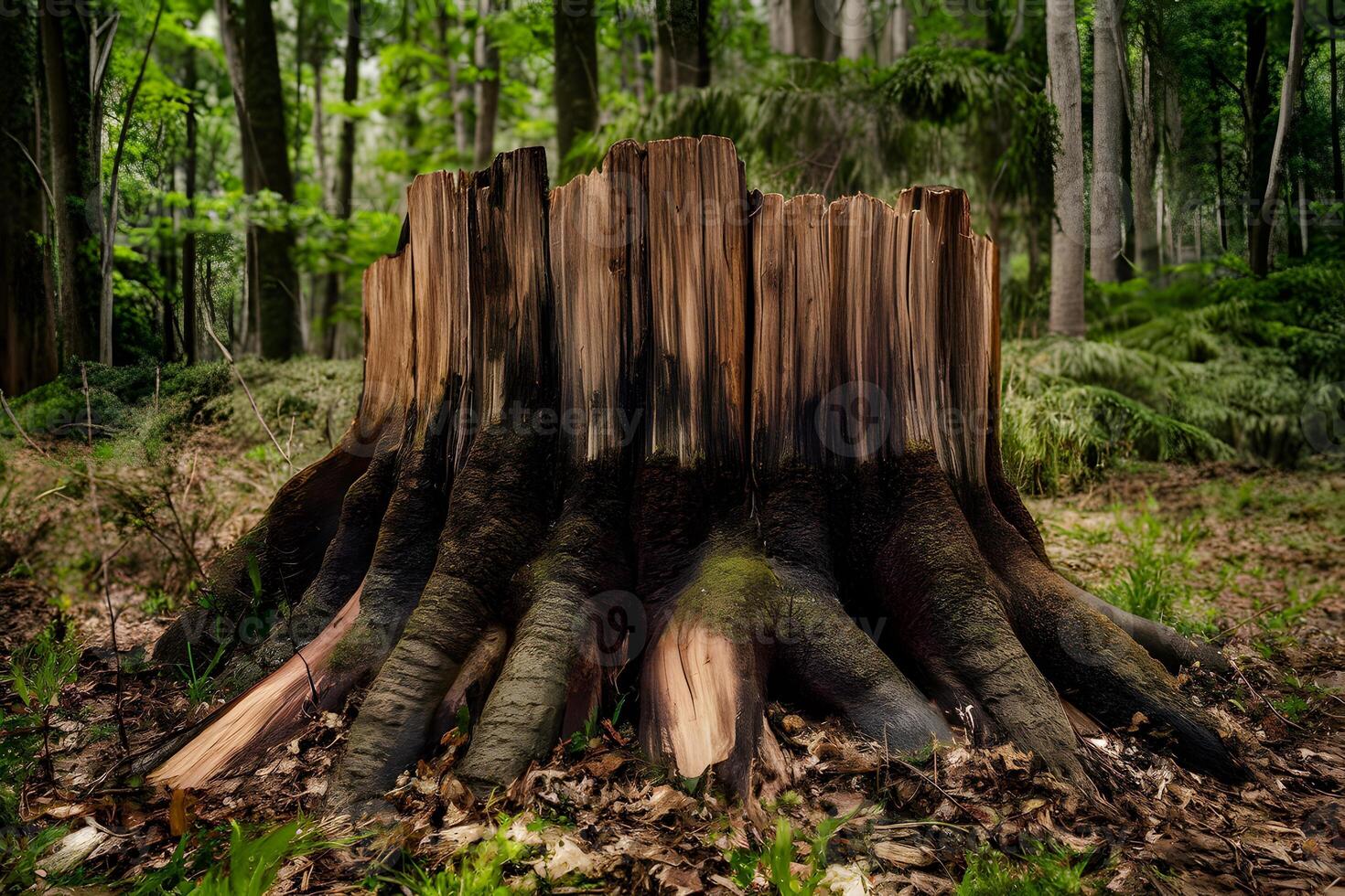 ai gegenereerd oud stomp, overblijfsel van gekapt boom kofferbak, staat in eenzaamheid foto