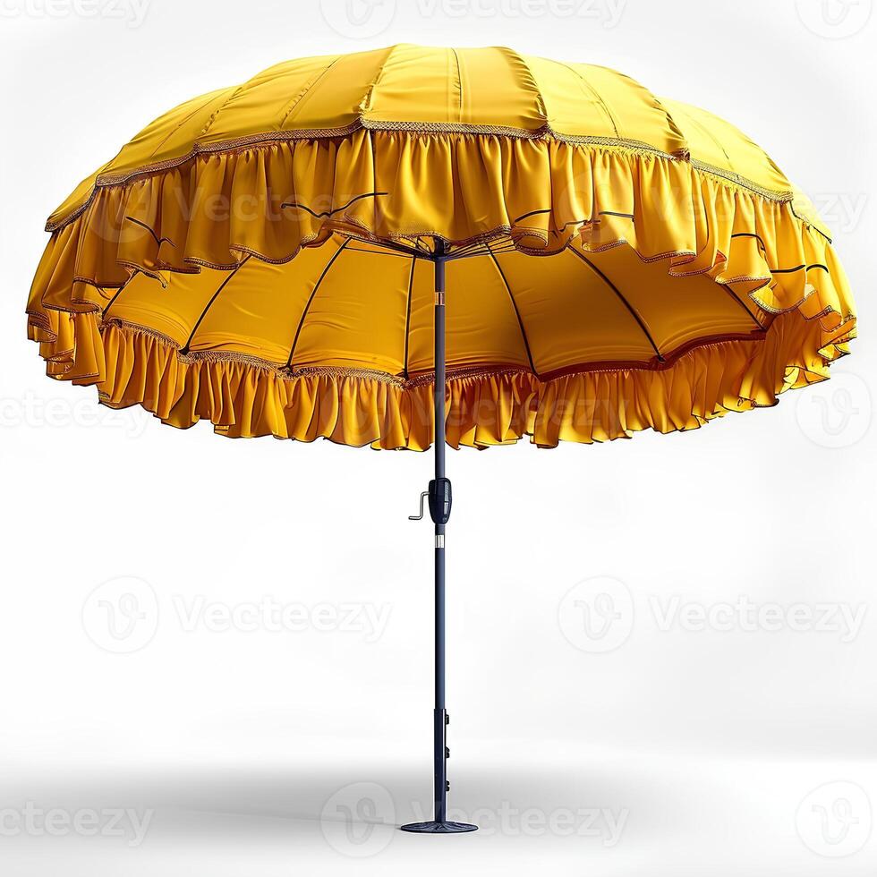 ai gegenereerd geel strand paraplu geïsoleerd Aan wit achtergrond met schaduw. geel parasol voor strand gebruik geïsoleerd. strand paraplu of parasol voor zon bescherming foto