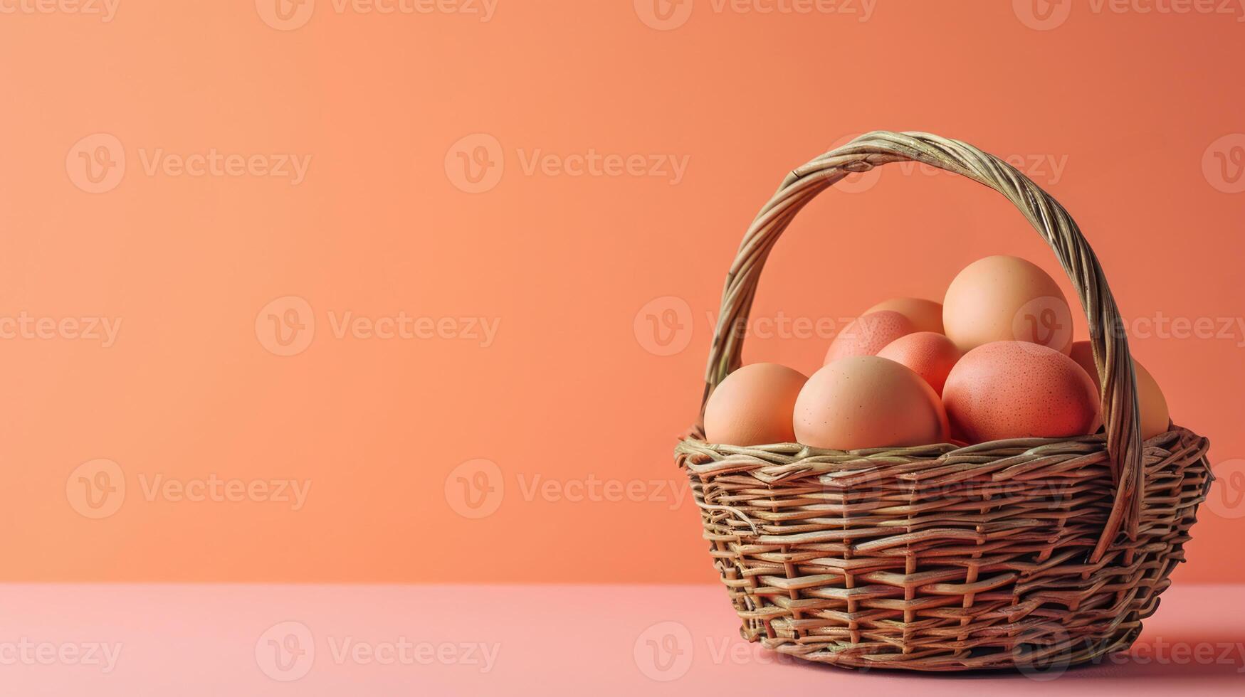 ai gegenereerd rieten mand vol van beige bruin kip eieren Aan perzik roze achtergrond. banier met kopiëren ruimte voor vers boerderij voedsel markt. Pasen vakantie. foto