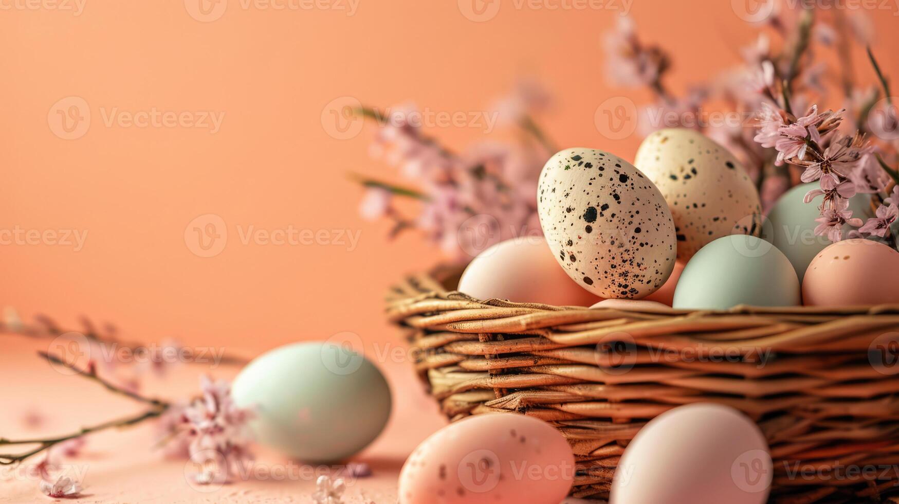 ai gegenereerd pastel kleurrijk pokdalig Pasen eieren in rieten mand met bloeien roze sakura takken. groet kaart voor Pasen vakantie met kopiëren ruimte Aan perzik kleur achtergrond. foto
