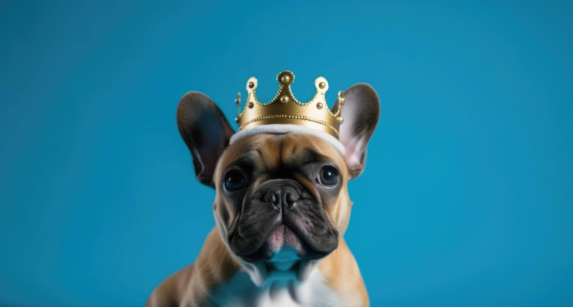 ai gegenereerd Frans bulldog puppy portret vervelend gouden koning kroon Aan zijn hoofd, in centrum van blauw solide banier achtergrond. Koninklijk ras, koning hond. mode schoonheid voor huisdieren. foto