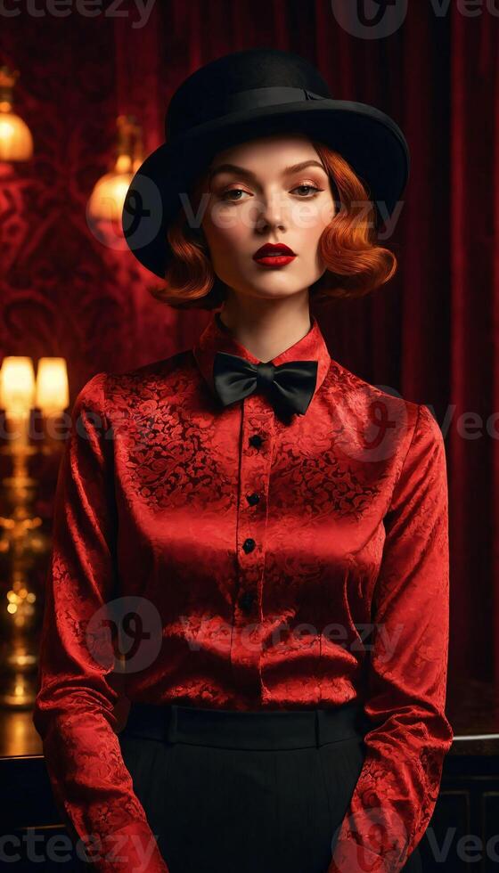 ai gegenereerd de vrouw in de beeld is vervelend een rood jurk en een zwart hoed, welke is een klassiek en elegant keuze voor een kostuum.., generatief ai foto