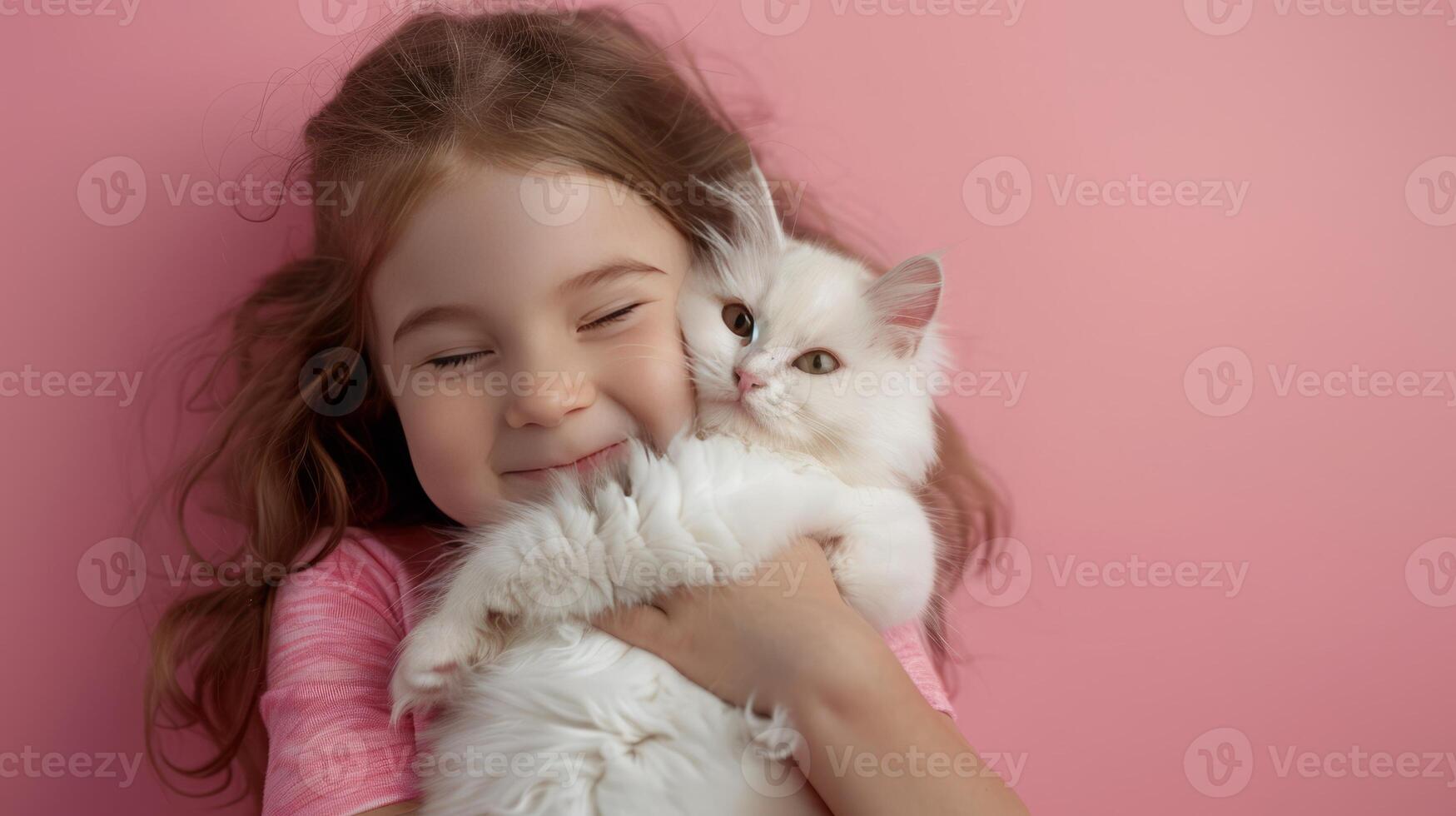 ai gegenereerd weinig meisje knuffelen uw weinig kat Aan pastel roze achtergrond foto