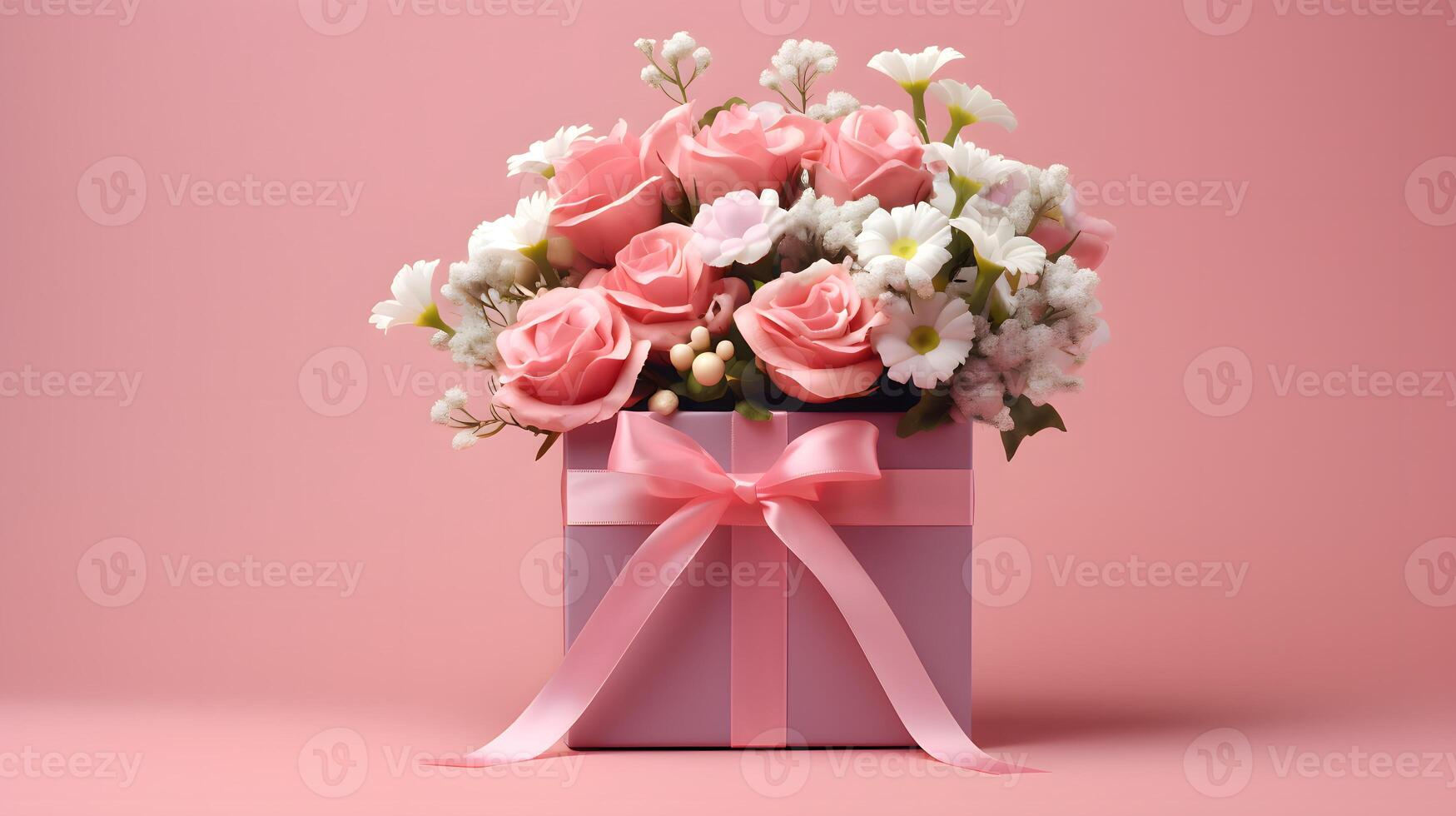 ai gegenereerd feestelijk roze doos met een boeket van bloemen Aan een roze achtergrond. concept voor verjaardag en moeder dag foto