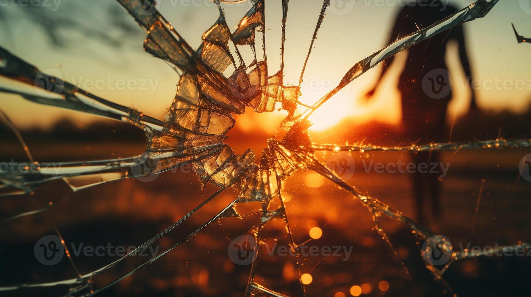 ai gegenereerd gebroken verhouding concept. verbrijzeld glas met gouden zonsondergang en silhouet van een persoon wandelen weg. gebrokenheid en afscheid. foto
