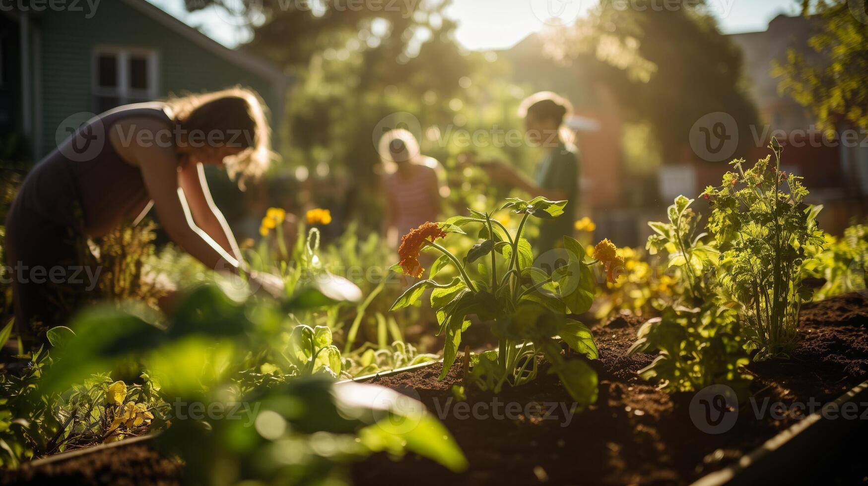 ai gegenereerd gemeenschap tuinieren werkzaamheid met mensen aanplant en gieter in stedelijk tuin Aan zonnig dag. foto