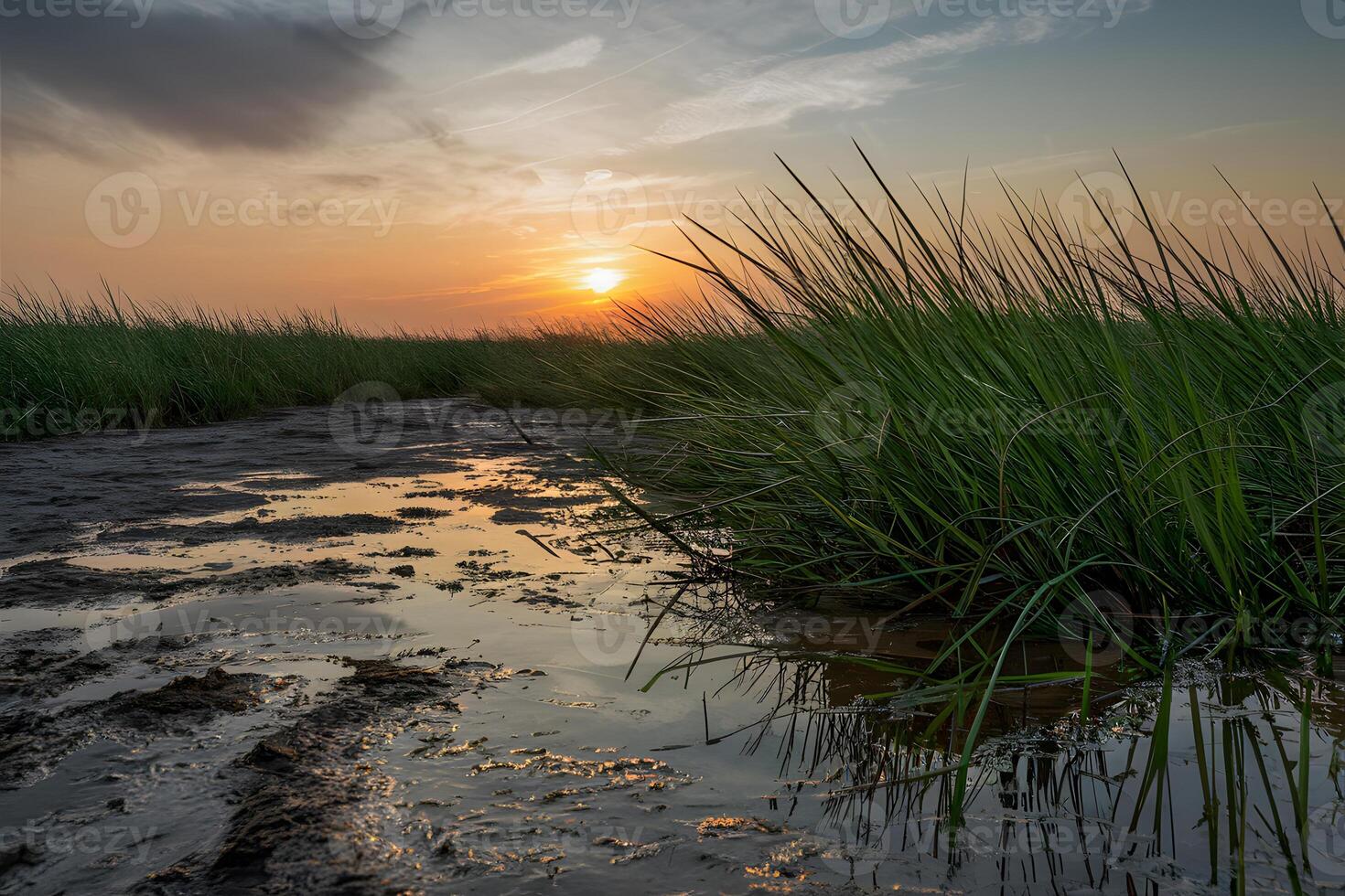 ai gegenereerd creatief samenstelling van gras en modder in Ondiep water foto