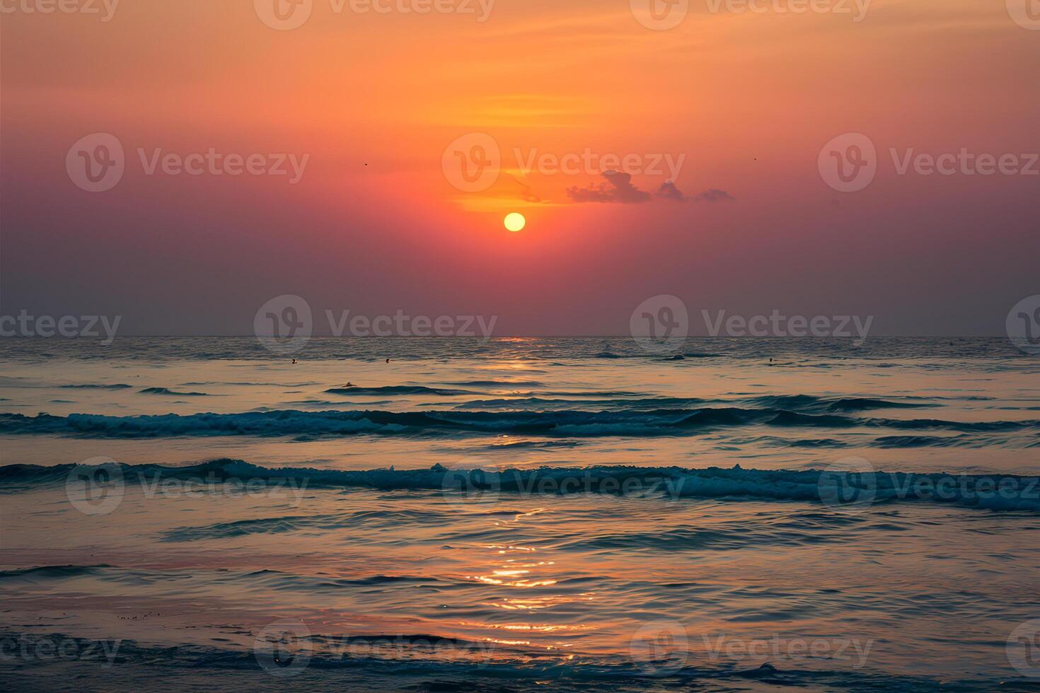 ai gegenereerd zon stijgt over- sereen ochtend- zee Bij cha ben strand foto