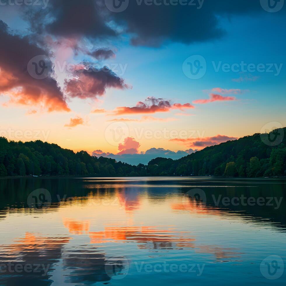 ai gegenereerd zonsondergang zonsopkomst zomer landschap met kleurrijk wolken over- meer voor sociaal media post grootte foto