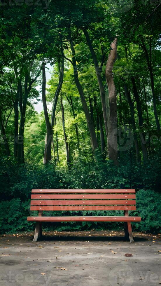 ai gegenereerd leeg houten bank nodigt uit ontspanning in zomer park instelling verticaal mobiel behang foto