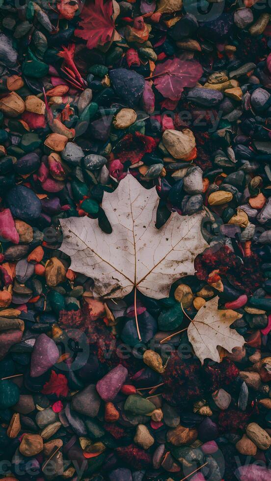 ai gegenereerd stockbeeld dichtbij omhoog van gedaald herfst bladeren creëert getextureerde grond samenstelling verticaal mobiel behang foto