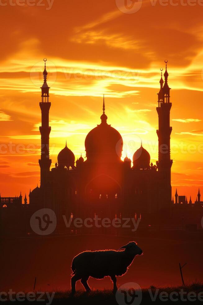 ai gegenereerd silhouet van een lam of geit met een majestueus moskee backdrop gedurende een adembenemend zonsondergang. foto