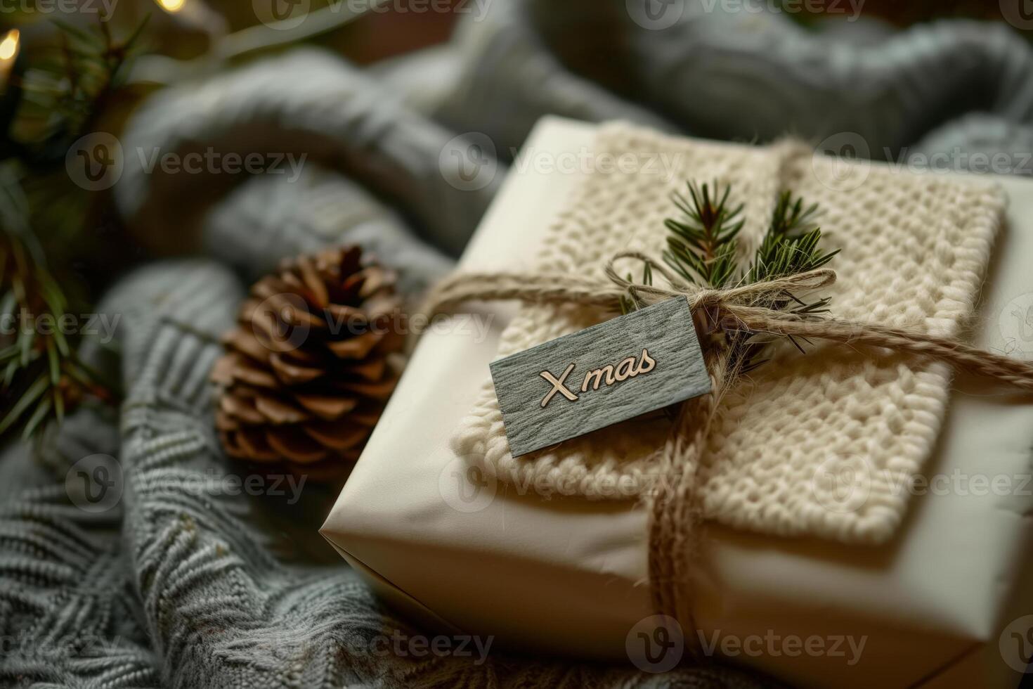 ai gegenereerd wit verpakt Kerstmis Cadeau naast pijnboom ijshoorntje foto