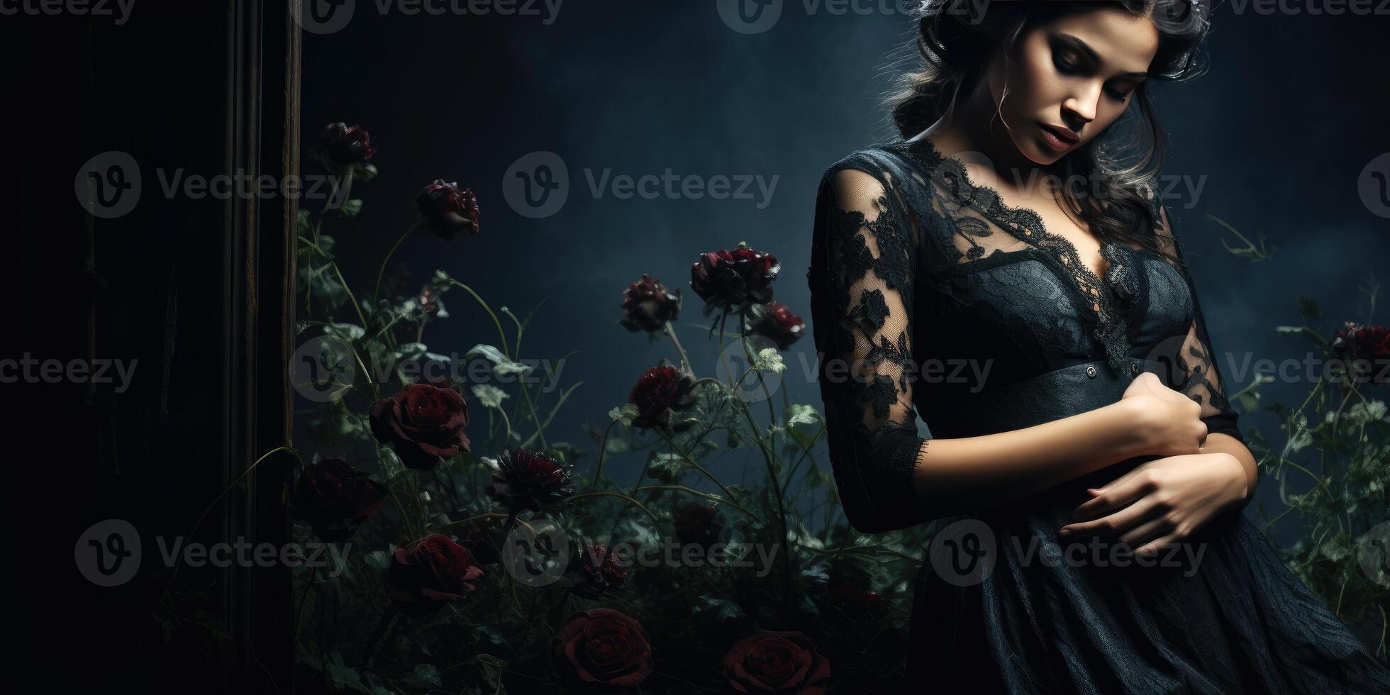 ai gegenereerd verdrietig zwanger vrouw Aan een zwart achtergrond. zwart bloemen. generatief ai foto